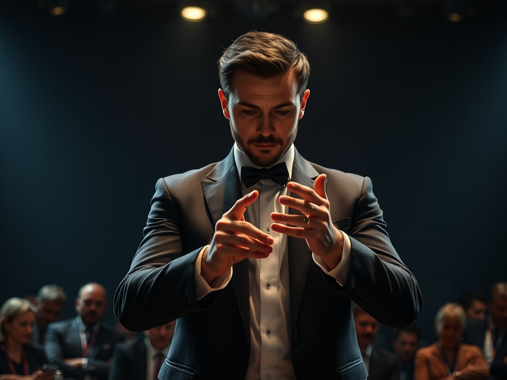 Corporate magician in London performing close-up magic at trade show in Canary Wharf venue