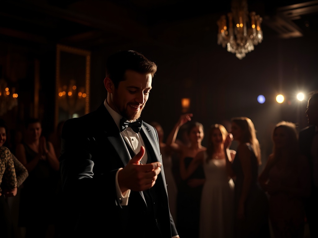 Wedding magician in London performing close-up magic during evening reception at Kensington wedding venue
