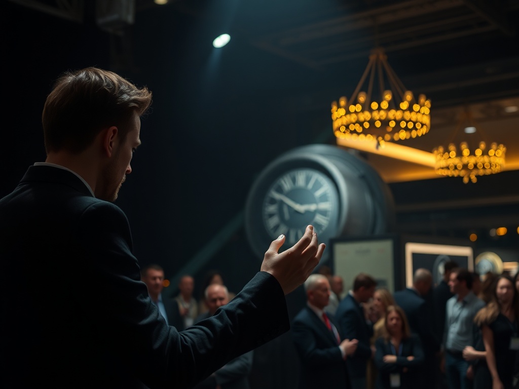Trade show magician in London performing close-up magic at exhibition stand in Canary Wharf conference center