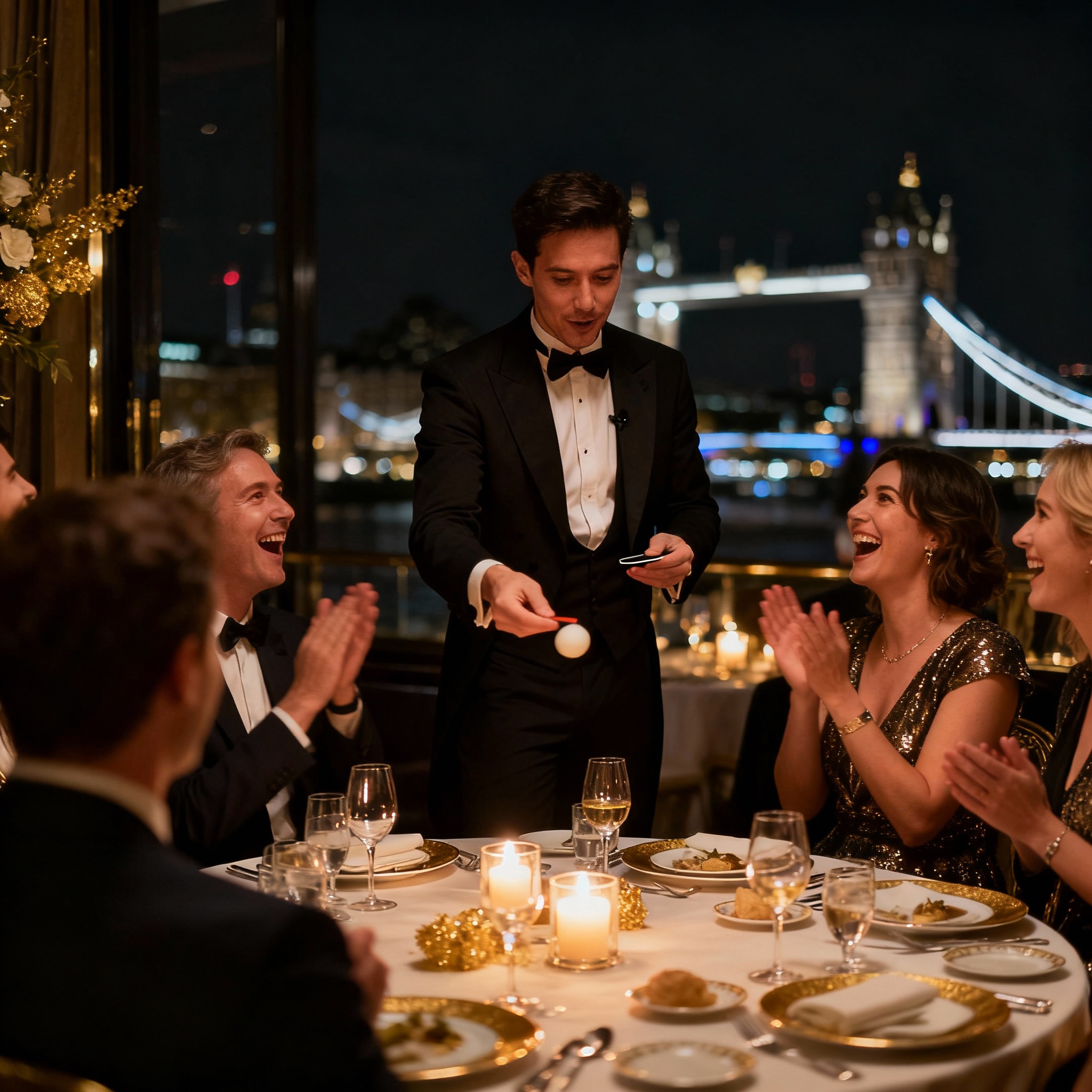 Modern magician entertaining guests at milestone anniversary celebration in London venue