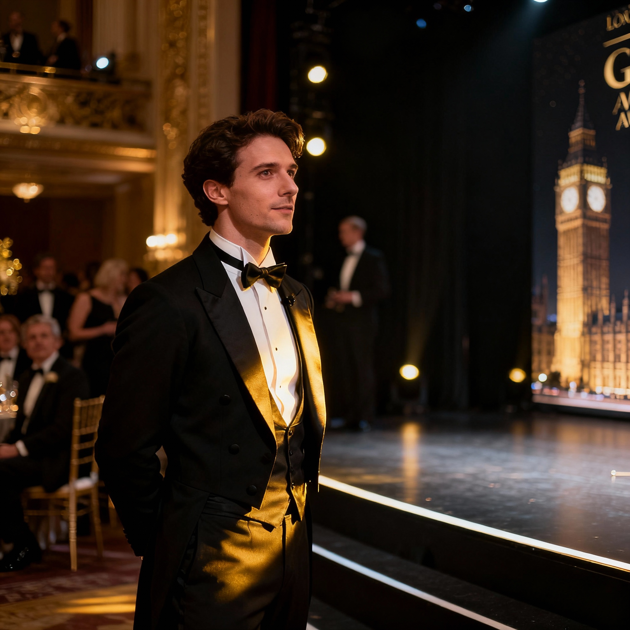 Black-tie awards gala dinner in London venue with sophisticated lighting and distinguished guests