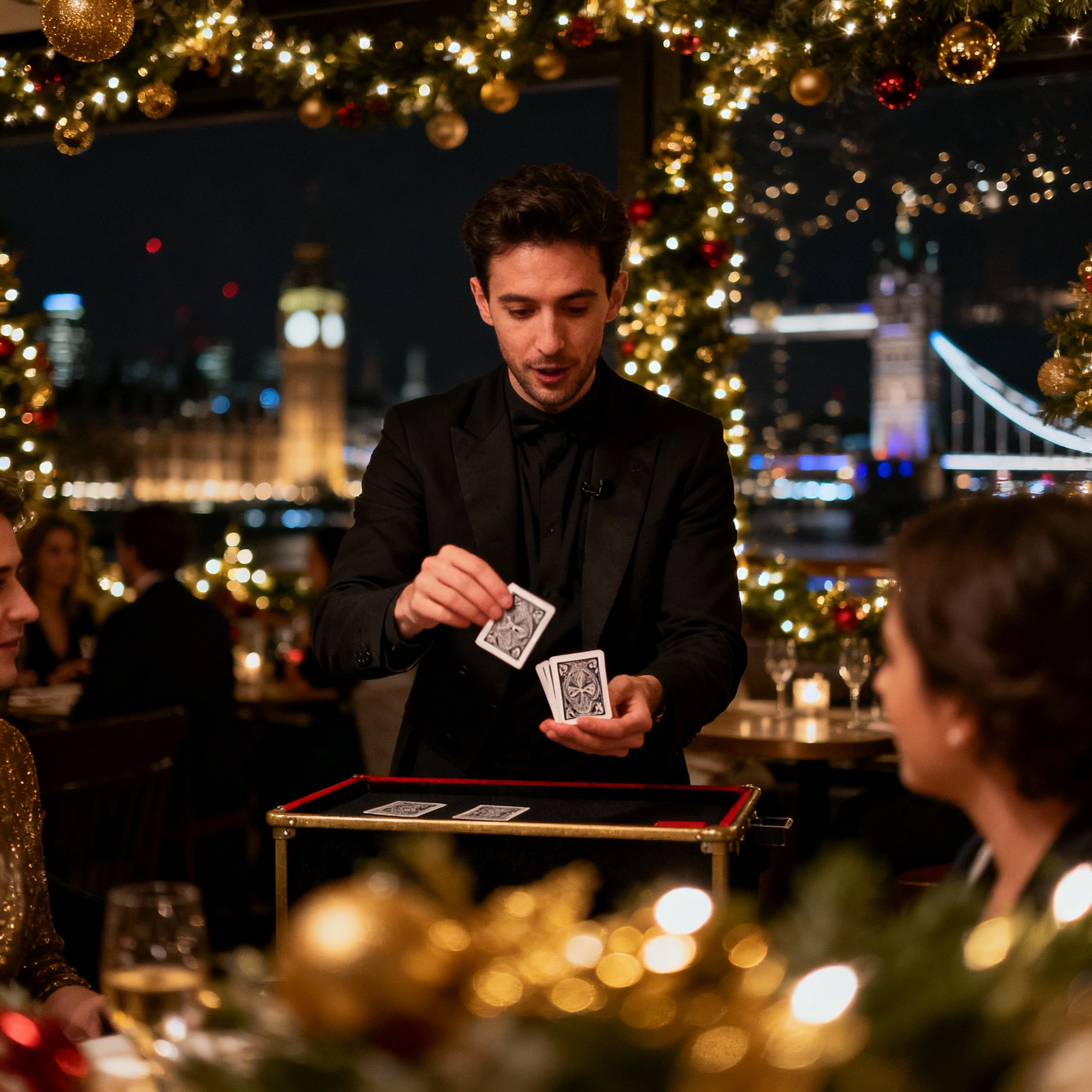 Festive Christmas party in London venue with twinkling lights and holiday decorations