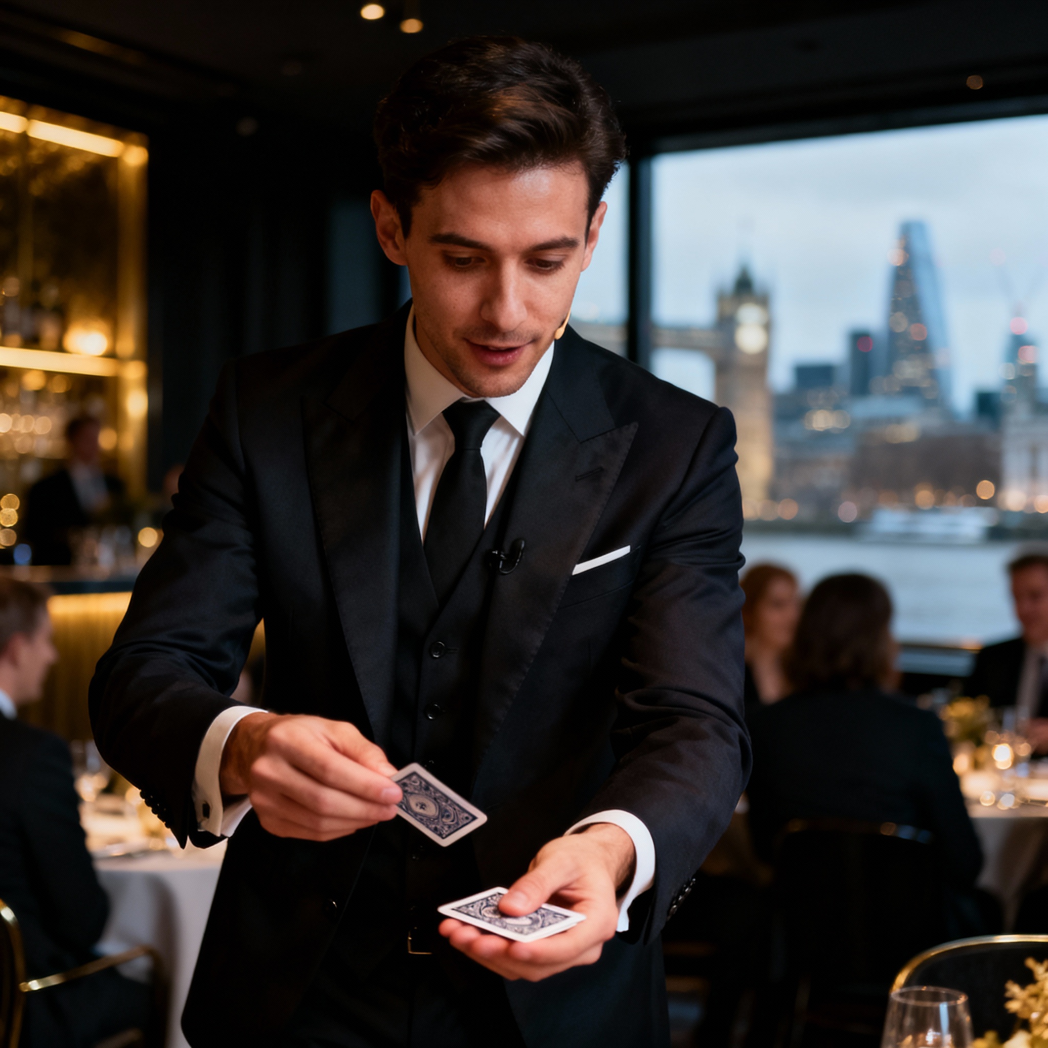 Modern magician performing close-up magic during client entertainment dinner in London venue