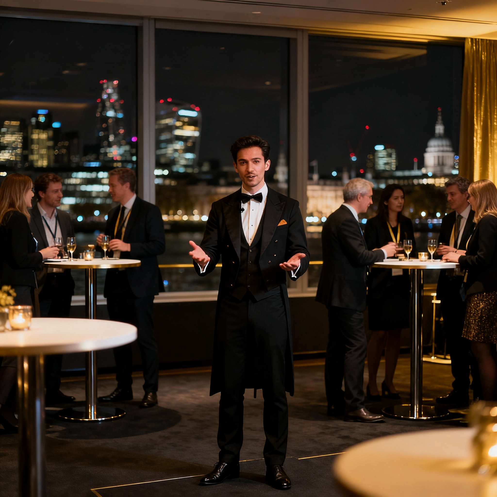 Modern magician at conference networking breakout area in London venue with business professionals