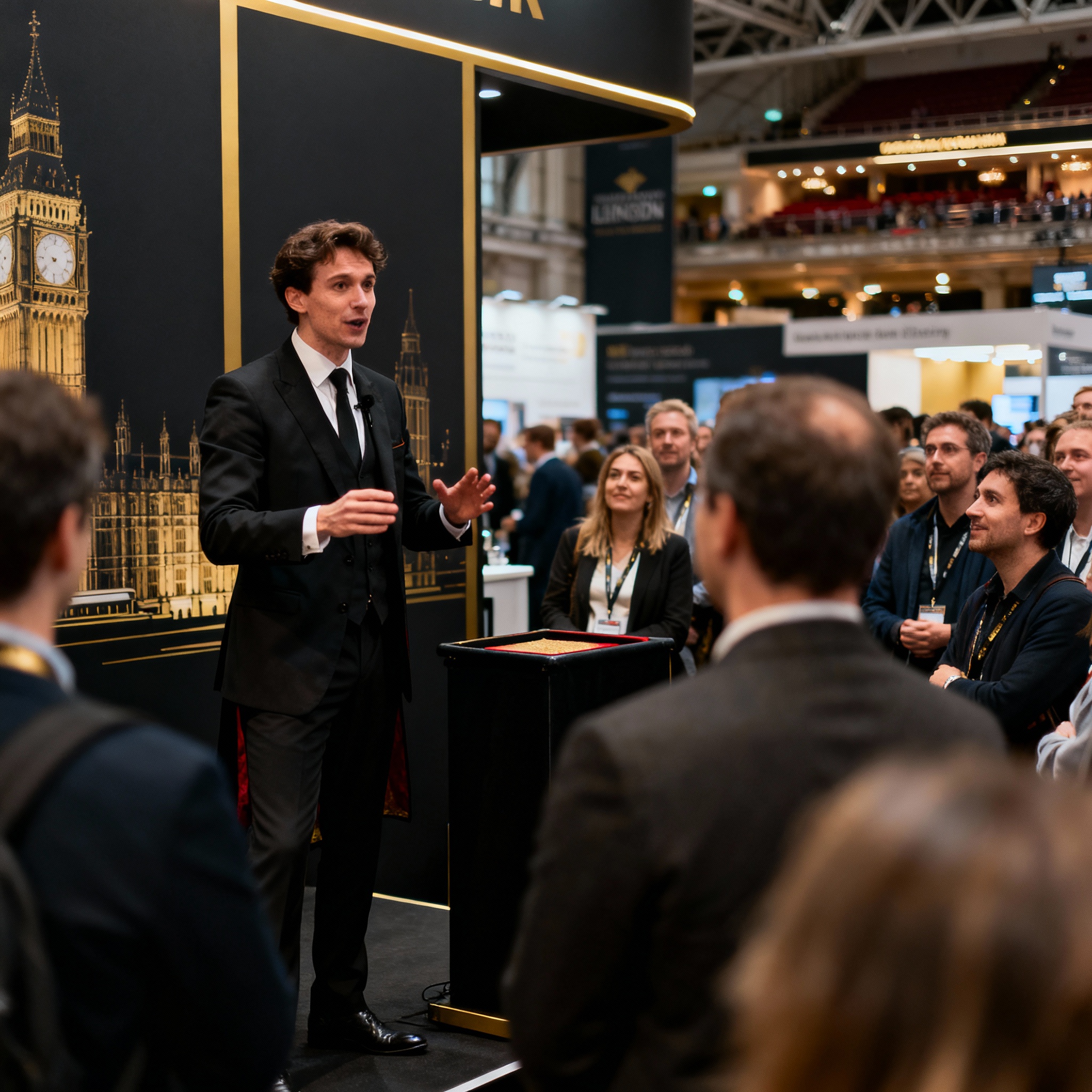 Corporate magician in London drawing crowd at trade show stand in Canary Wharf conference center