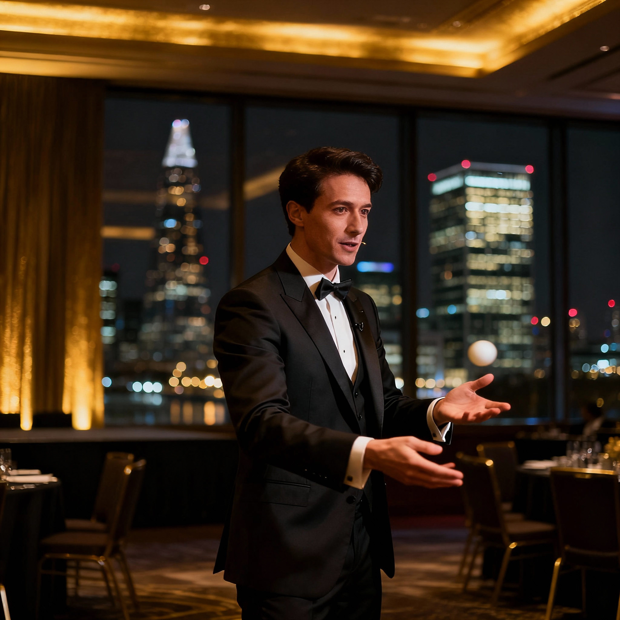 Corporate magician in London performing mind-reading at Canary Wharf skyscrapers conference venue