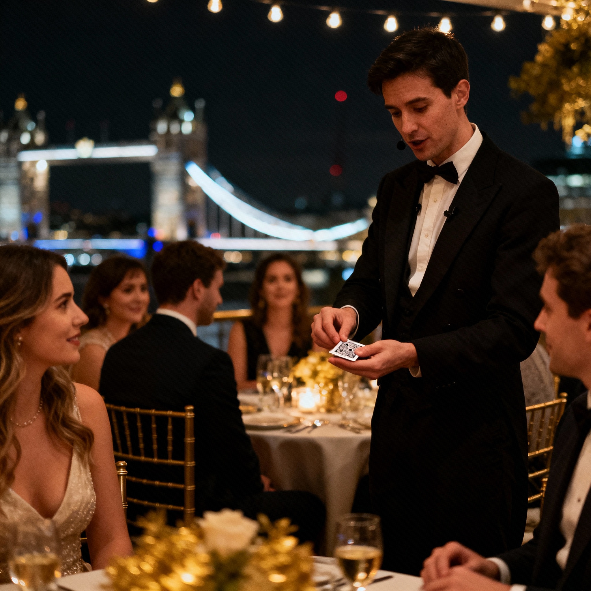 Modern magician performing close-up magic at elegant London engagement party