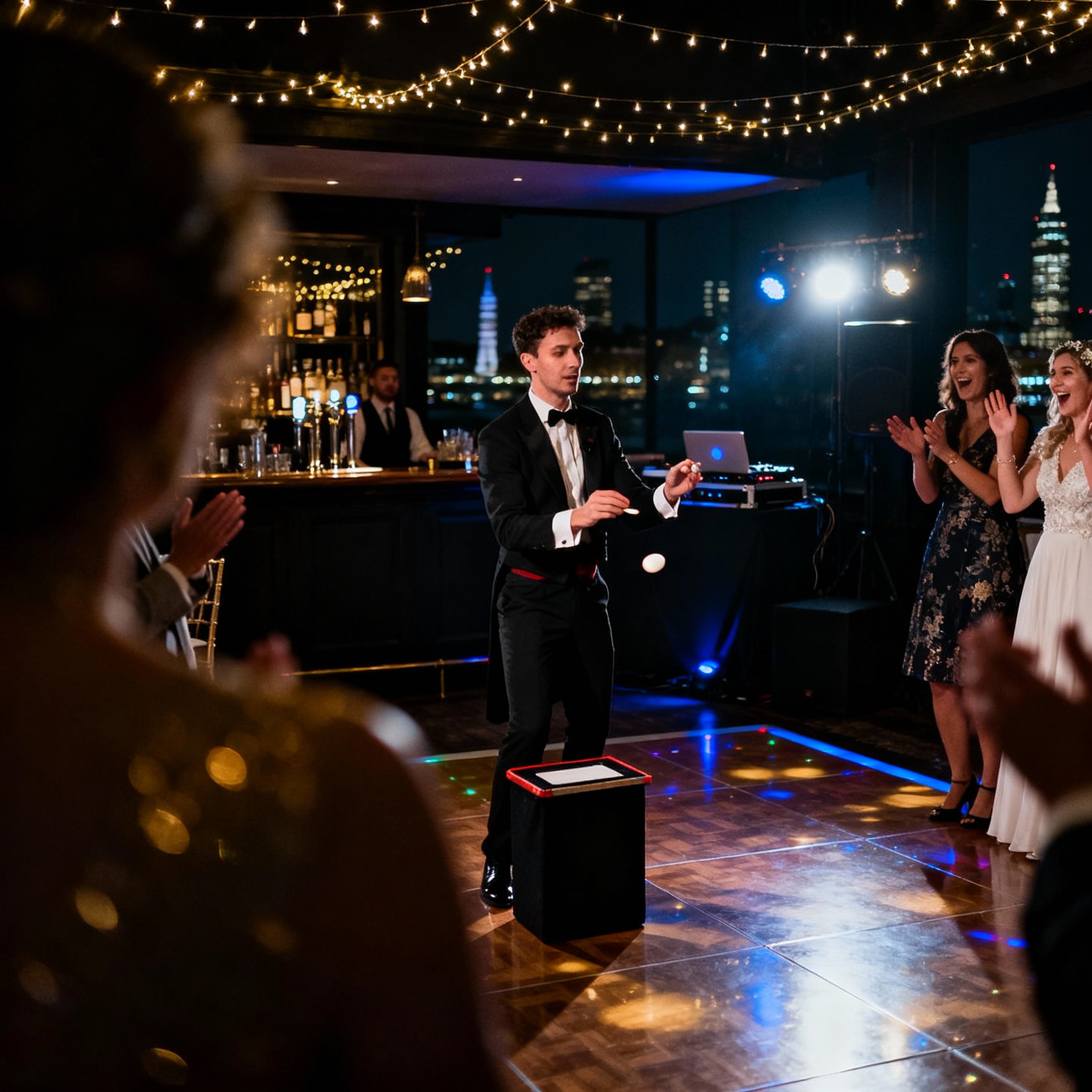 Wedding magician in London performing strolling magic at evening reception near dancefloor with fairy lights and DJ lighting