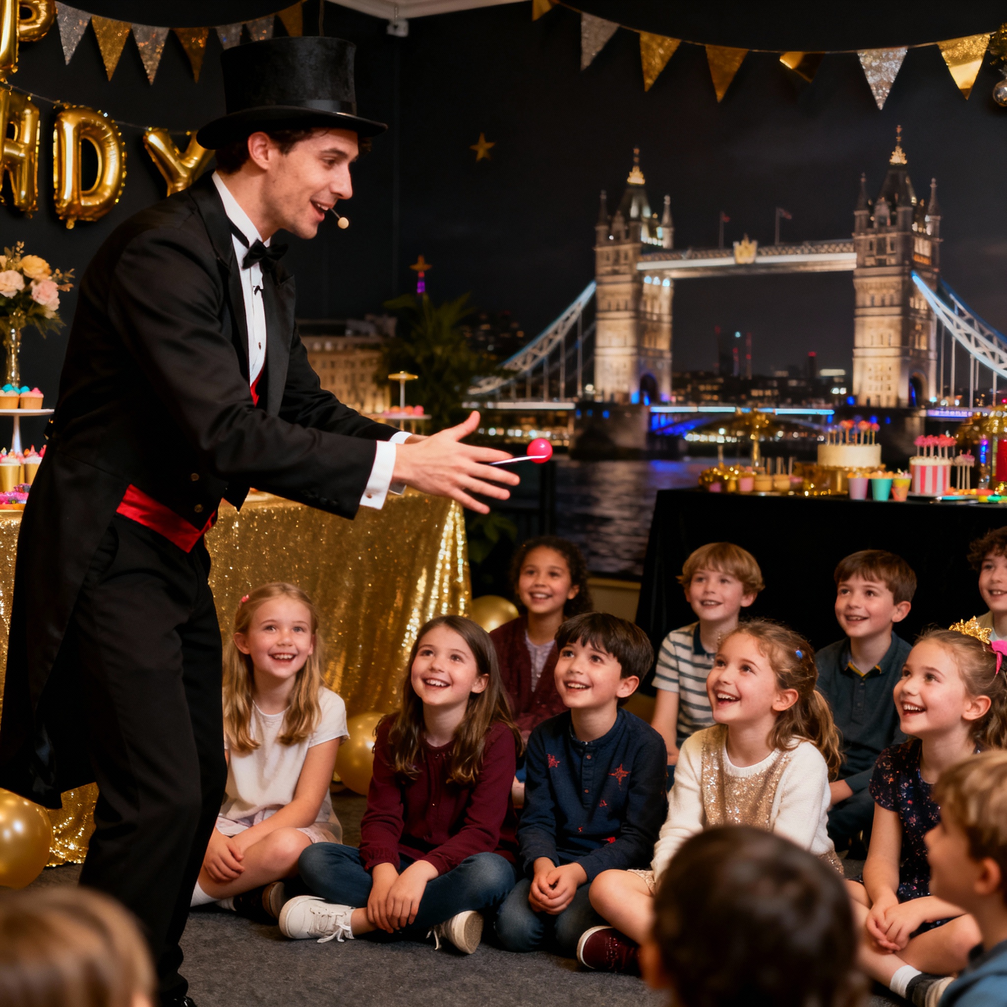 Friendly modern magician performing for children at birthday party with big smiles