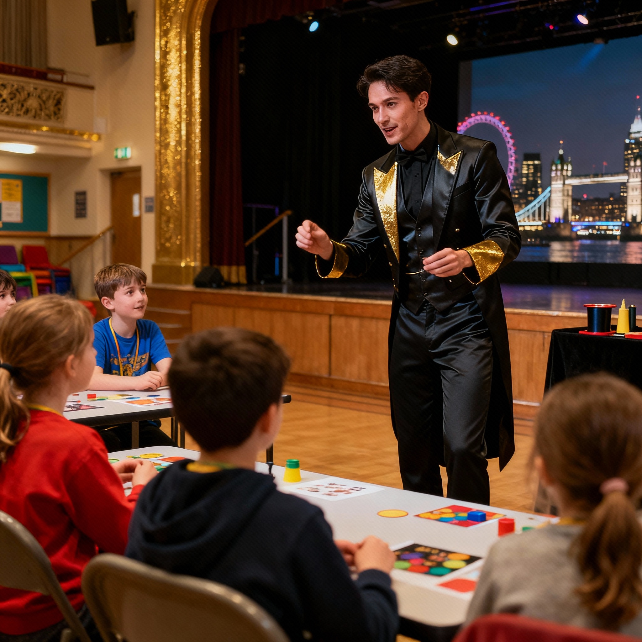 Modern magician leading holiday club activity in community hall with engaged children