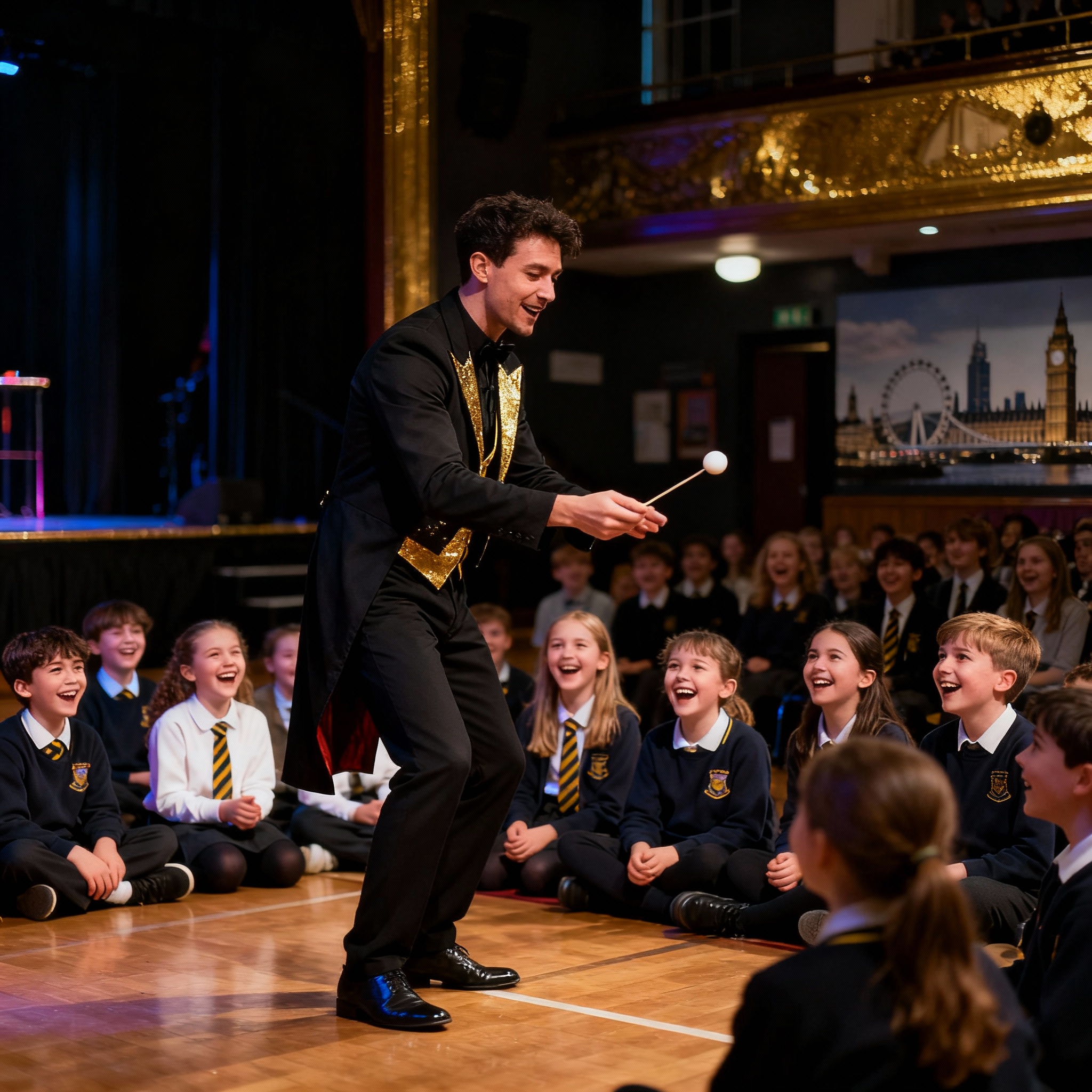 Modern magician performing school assembly show in London school hall with engaged children