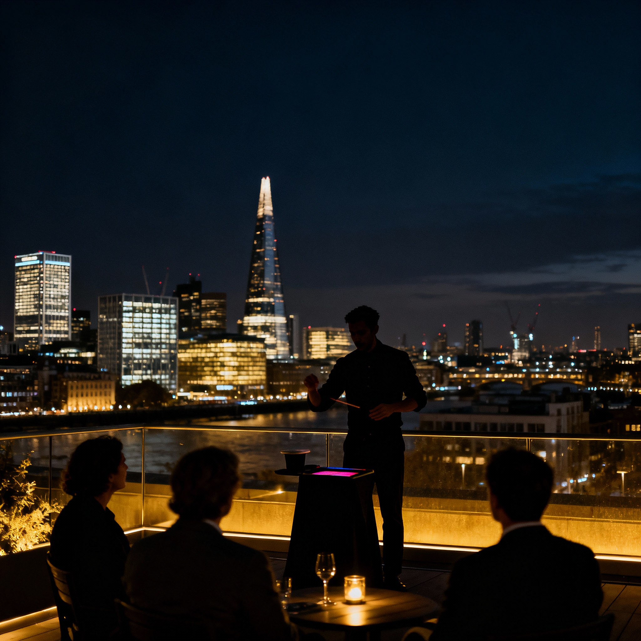 London skyline with magician performing for guests on a rooftop terrace