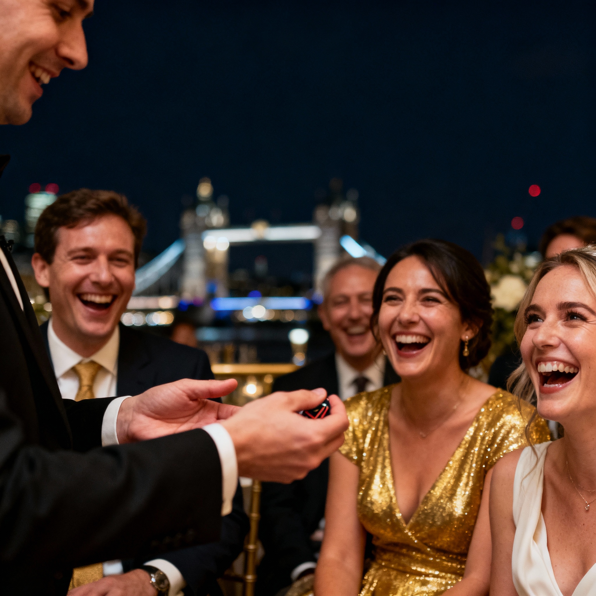 Guests reacting with laughter to close-up magic at a London wedding reception