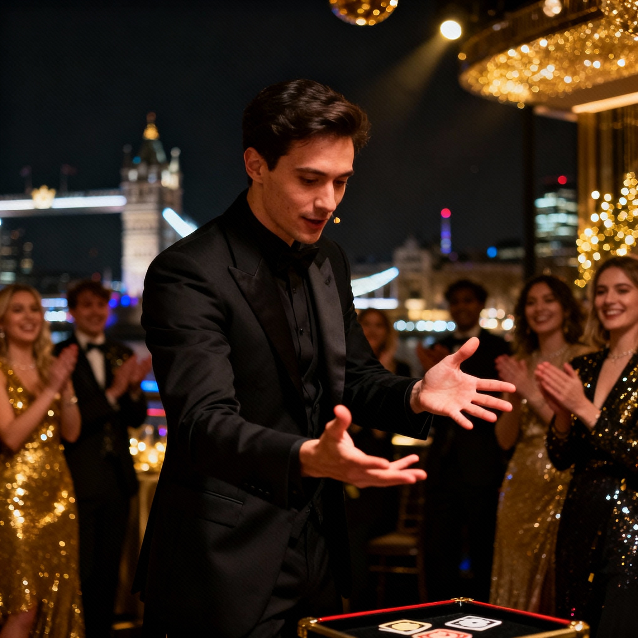 New Year's Eve celebration in London venue with countdown atmosphere and glamorous party lighting