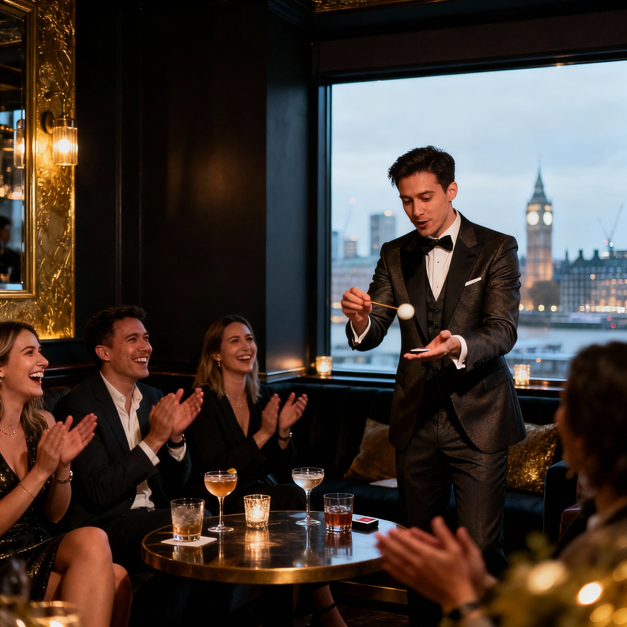 Party magician in London performing at adult birthday celebration in Chelsea bar private room
