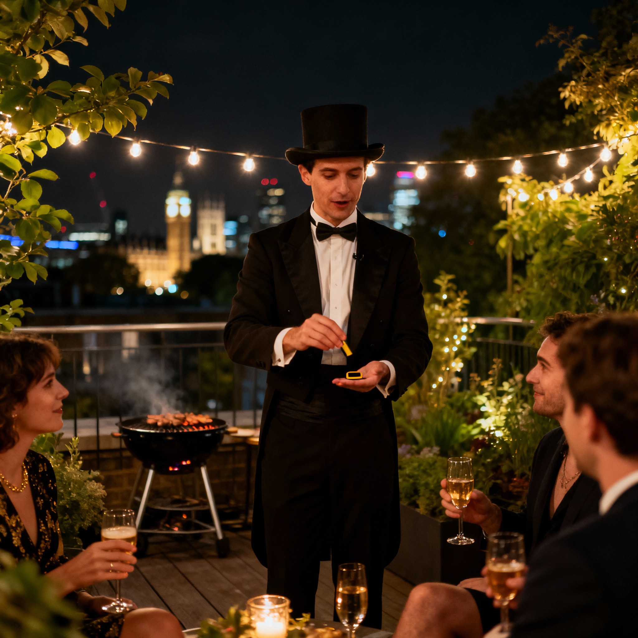 Party magician in London performing at outdoor garden BBQ party in Wimbledon with string lights