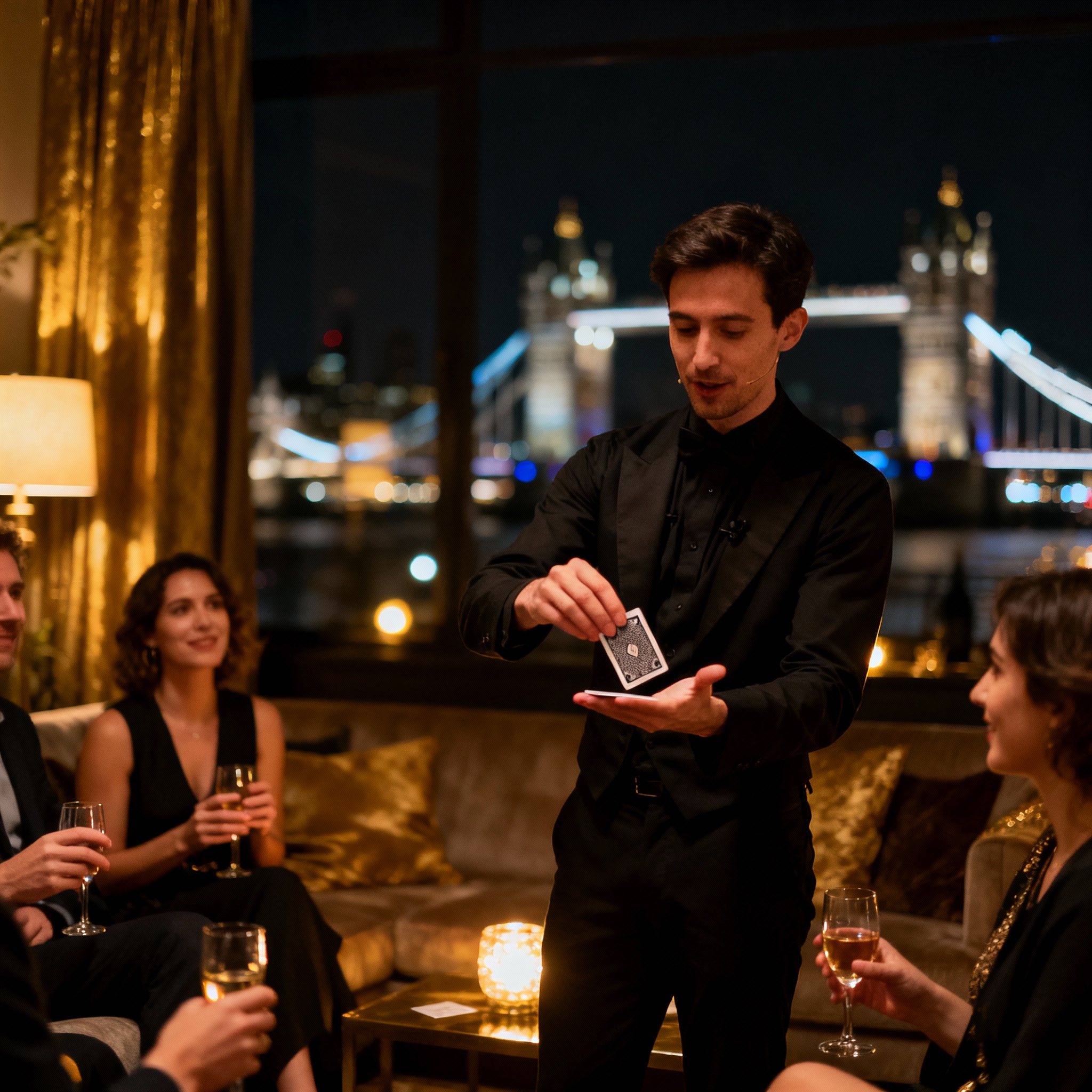 Party magician in London performing close-up magic in living room at intimate Richmond house party