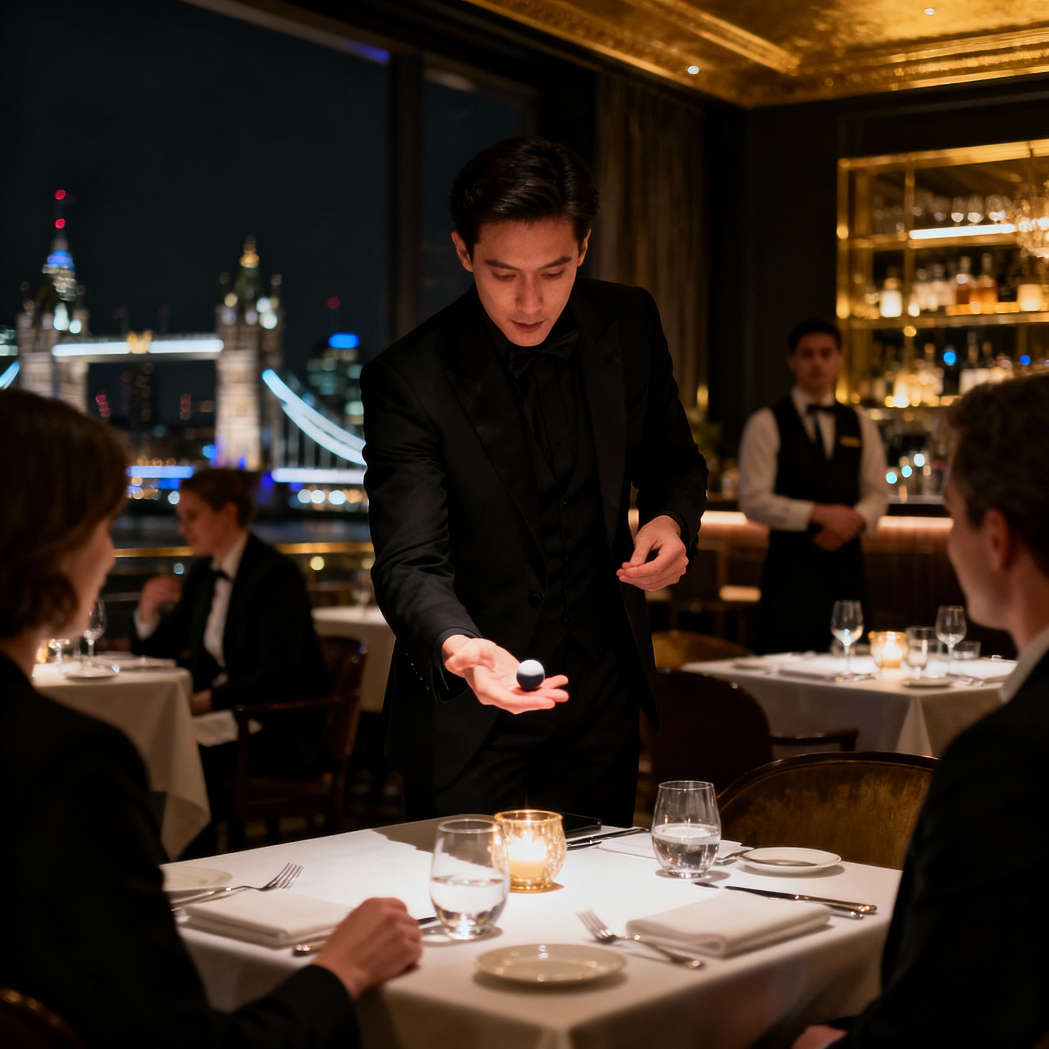Elegant London restaurant dining room with modern magician performing table-side magic