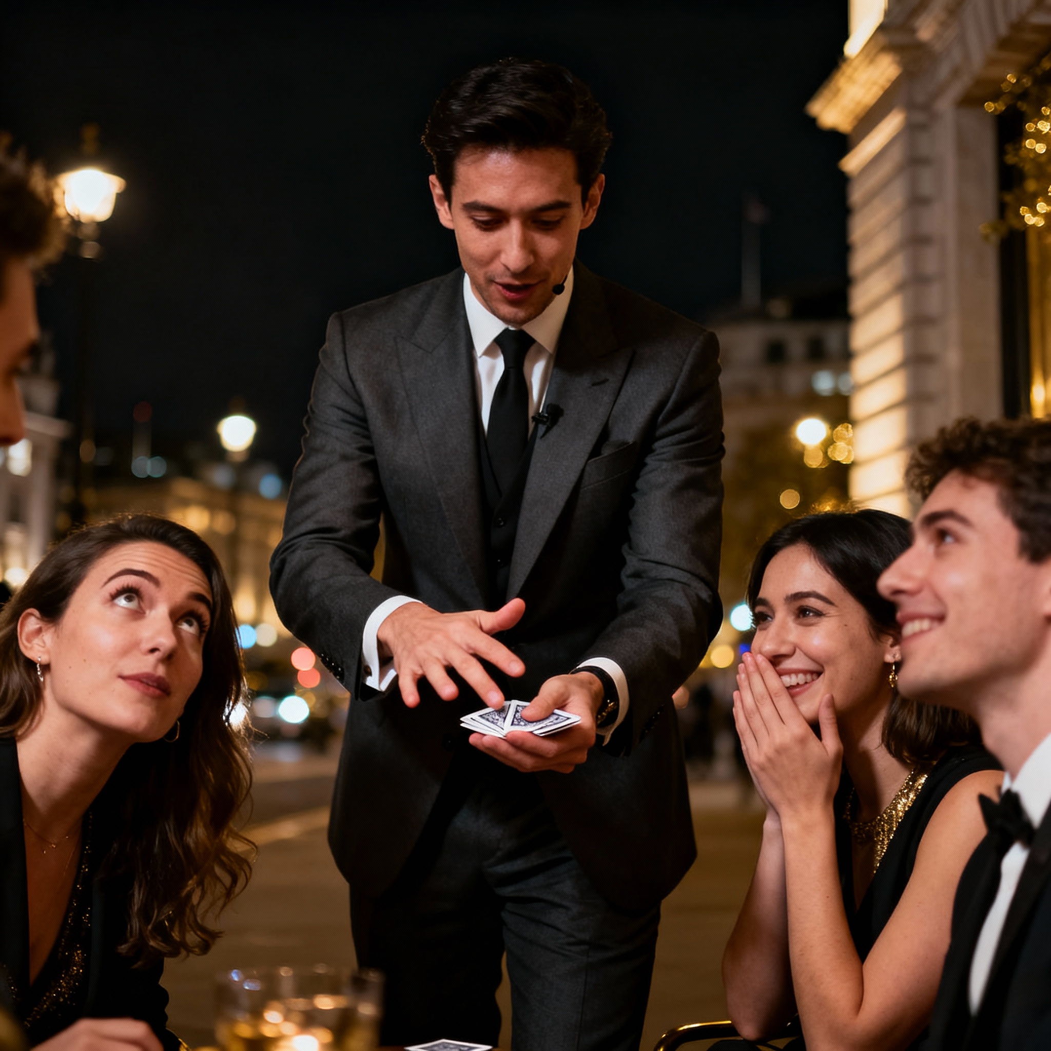 Modern magician performing close-up magic while strolling between groups at London event