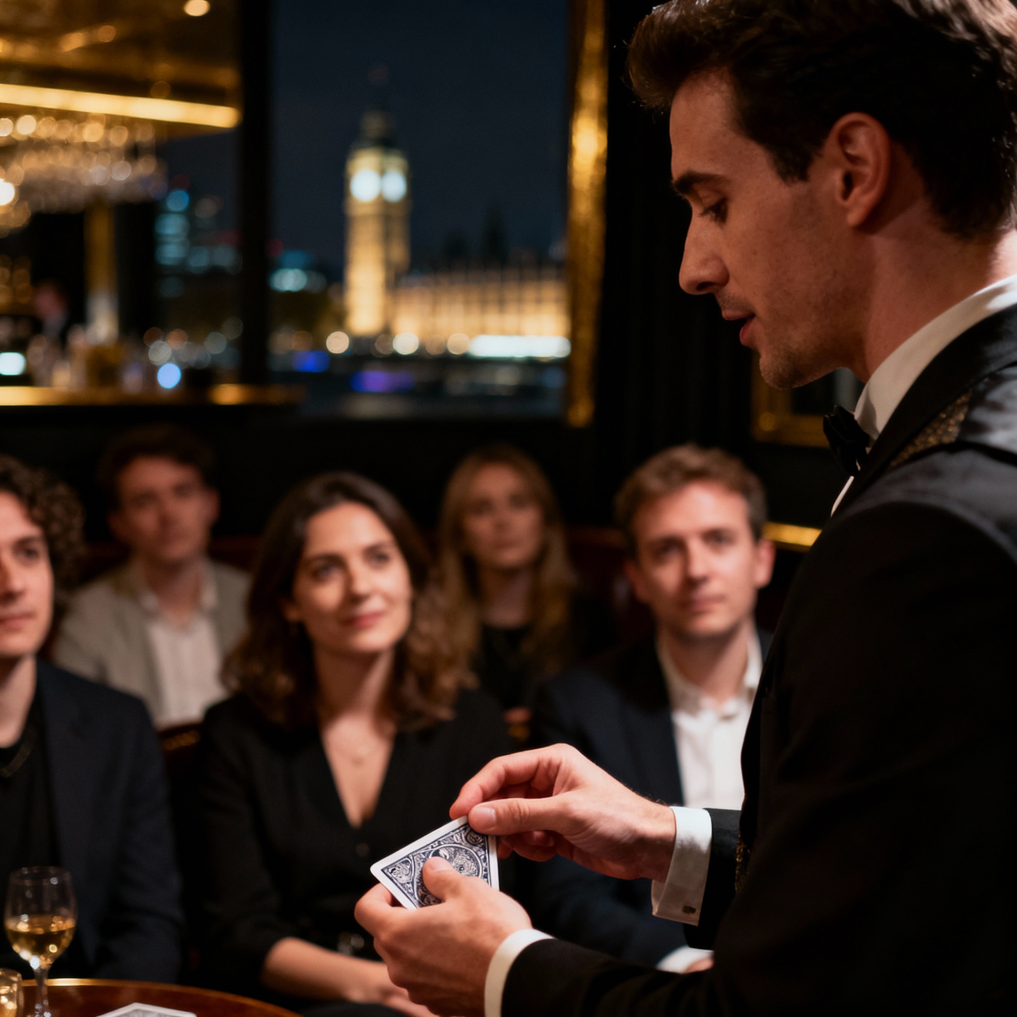Modern magician performing small parlour show in London venue private room with focused group