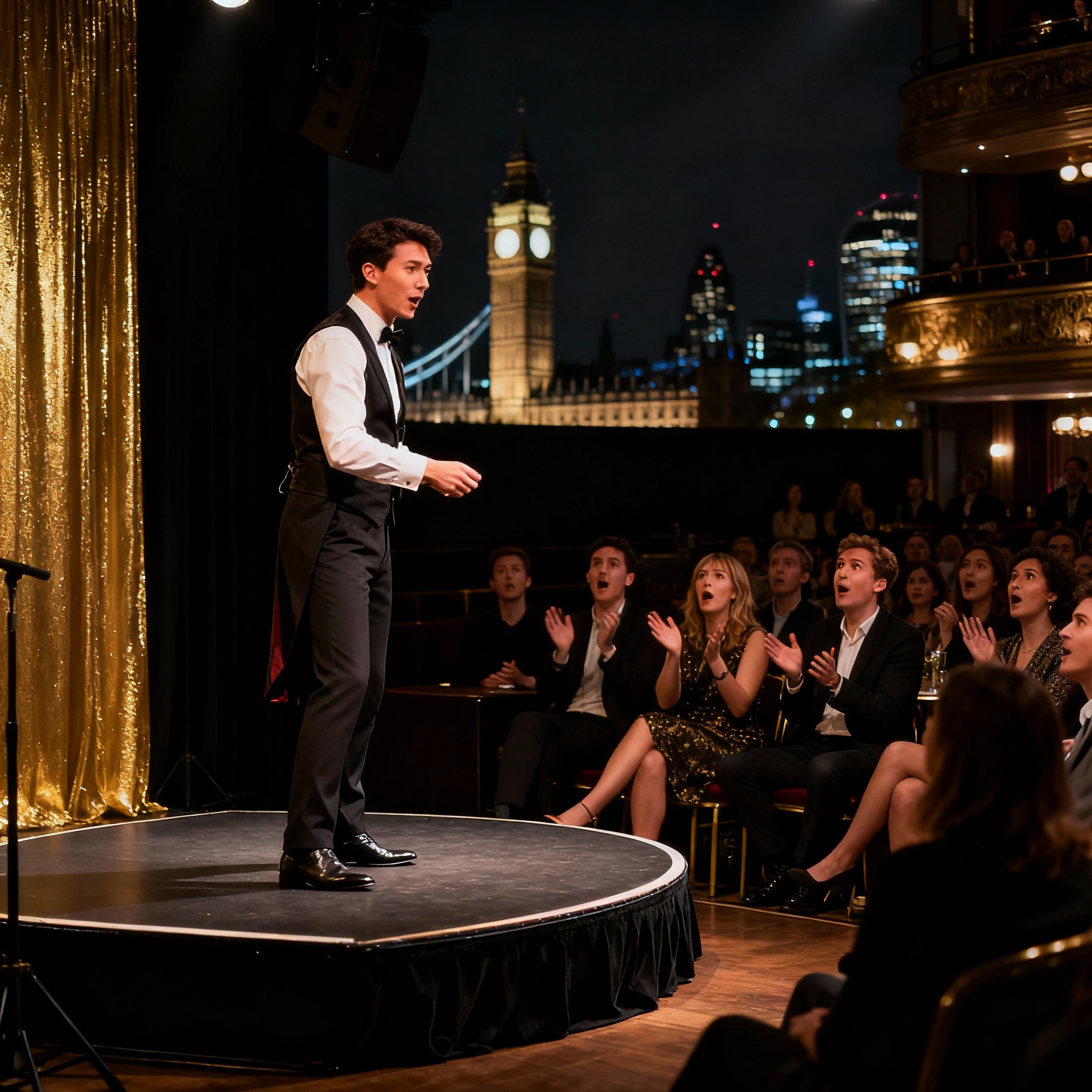 Modern magician on small stage performing mentalism demonstration with sophisticated lighting