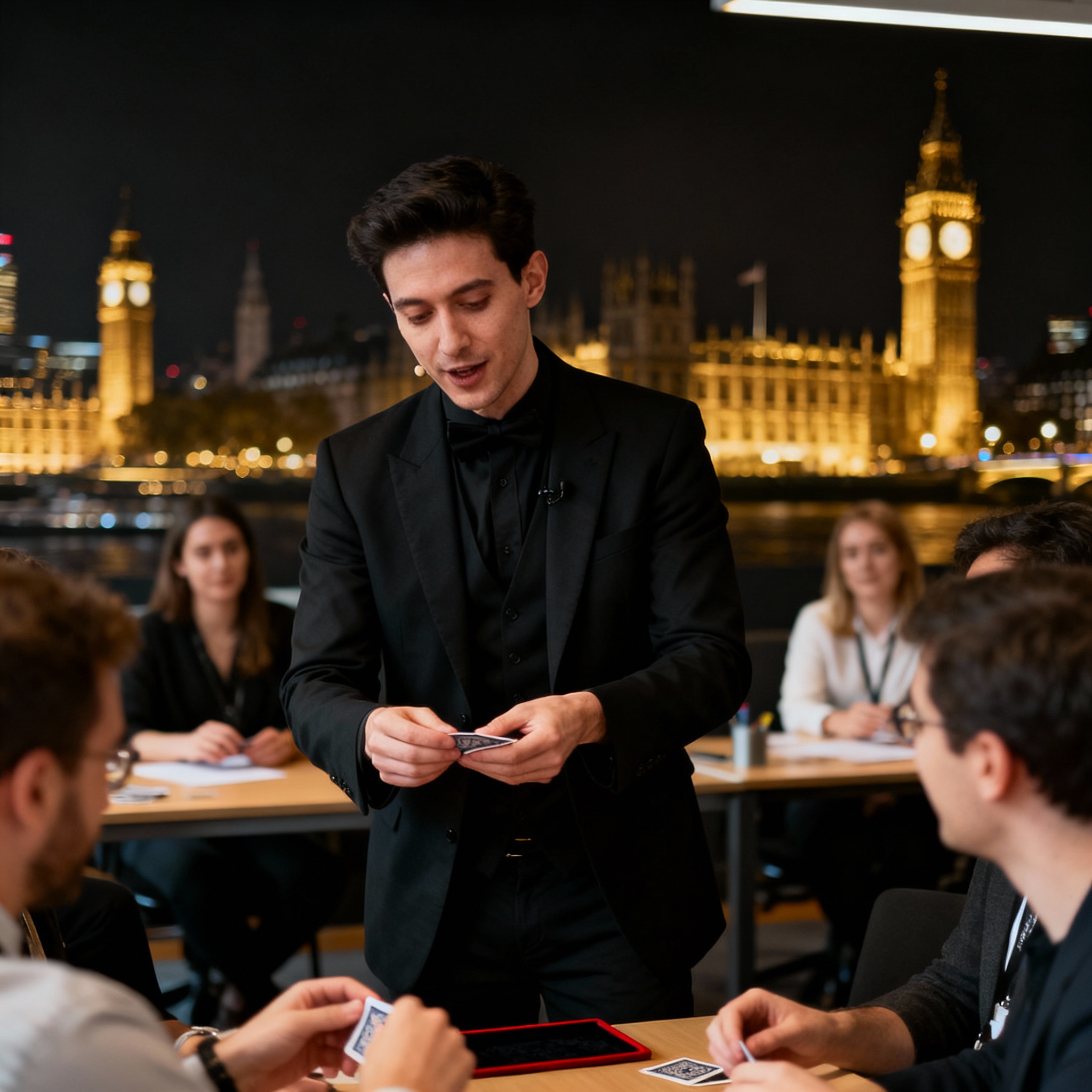 Modern magician leading interactive team-building magic workshop in London office space