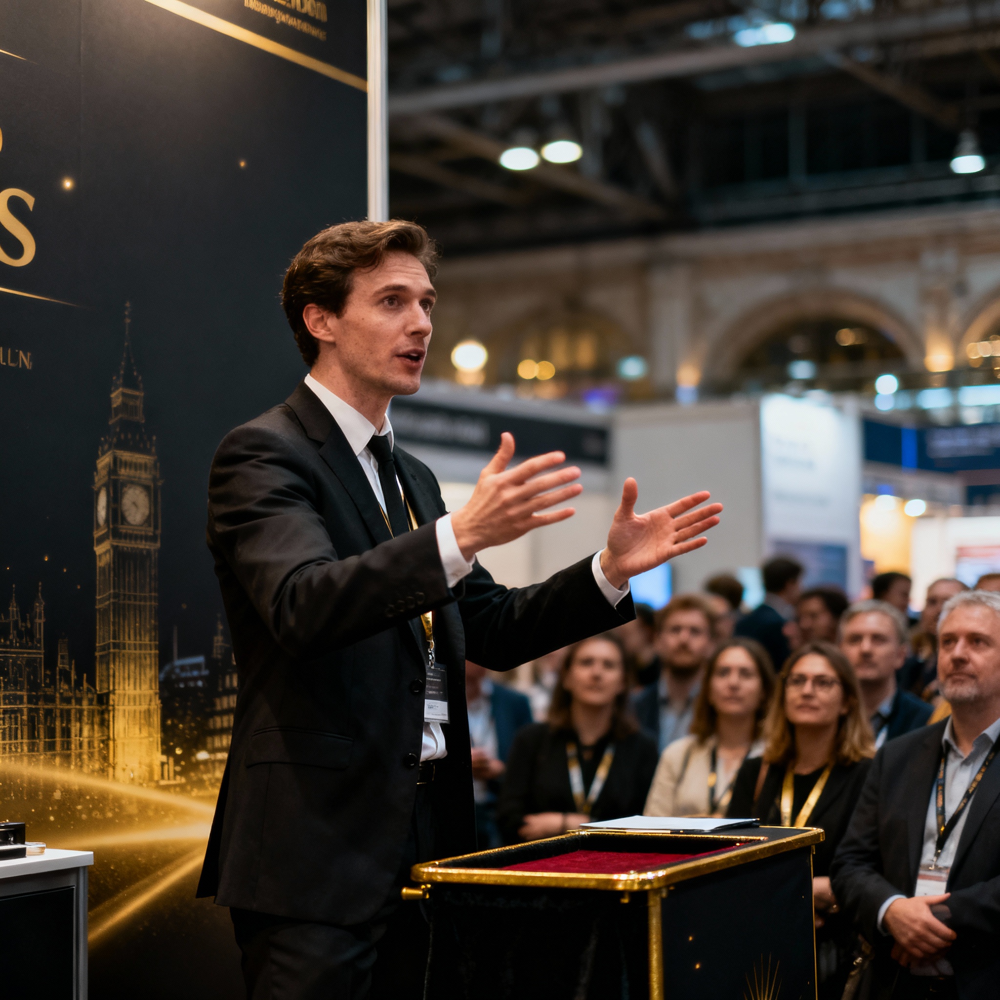 Trade show magician in London drawing crowd at exhibition stand with close-up magic in ExCeL London conference center