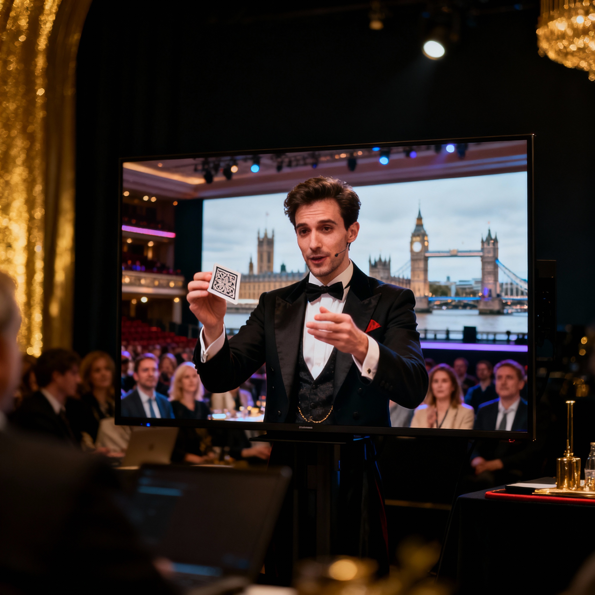 Virtual corporate event with modern magician performing magic through video screen