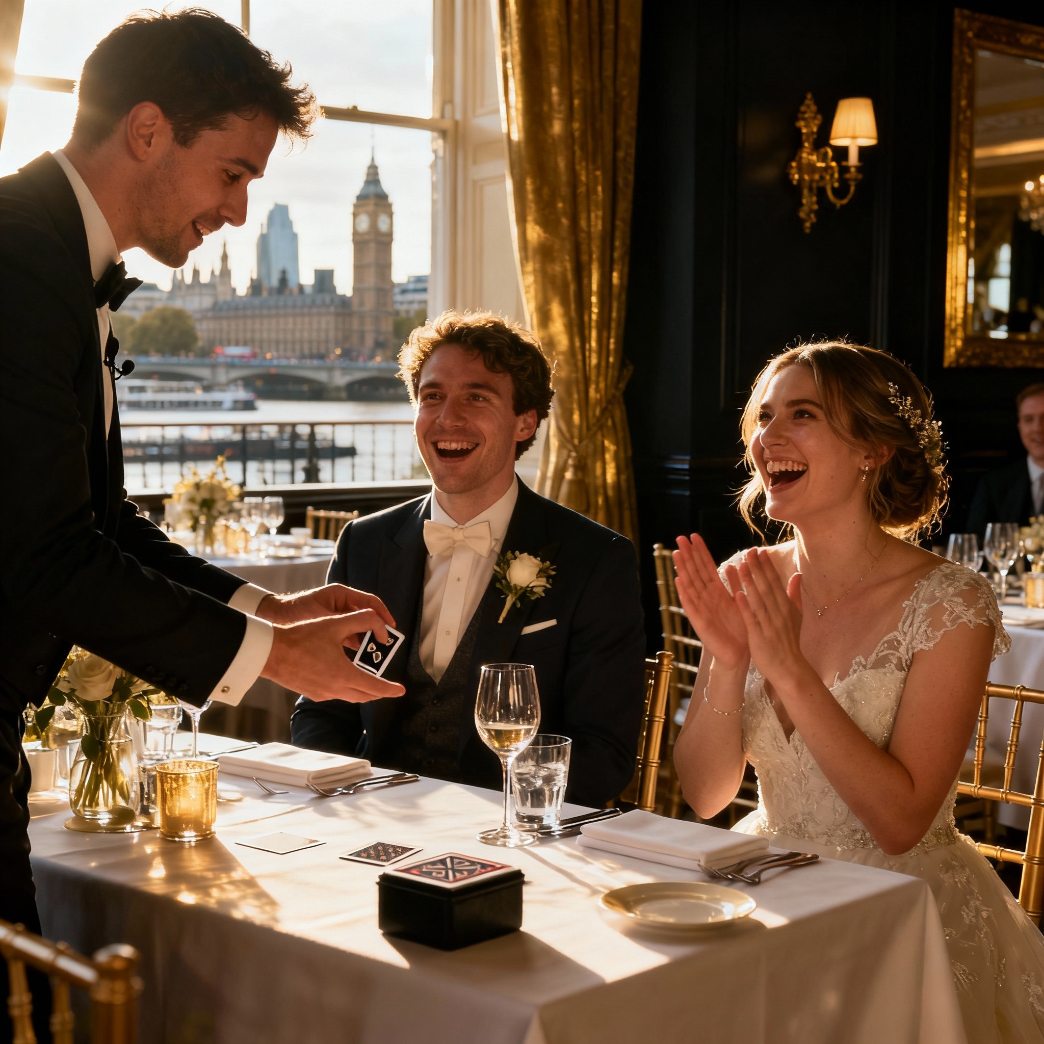 Wedding magician in London performing table magic during wedding breakfast at Richmond venue dining room