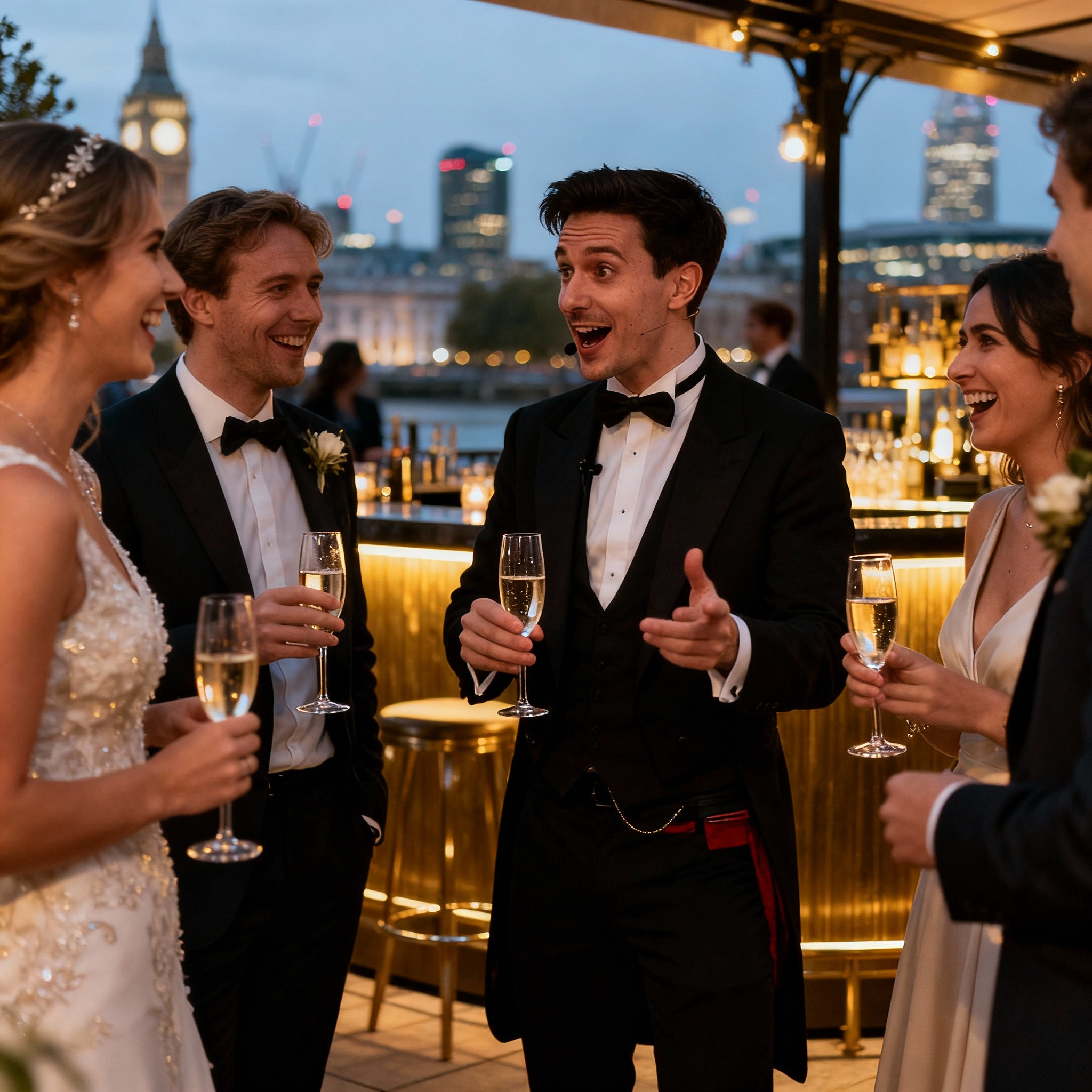 Wedding magician in London performing strolling magic among guests with champagne glasses at outdoor Chelsea patio during drinks reception