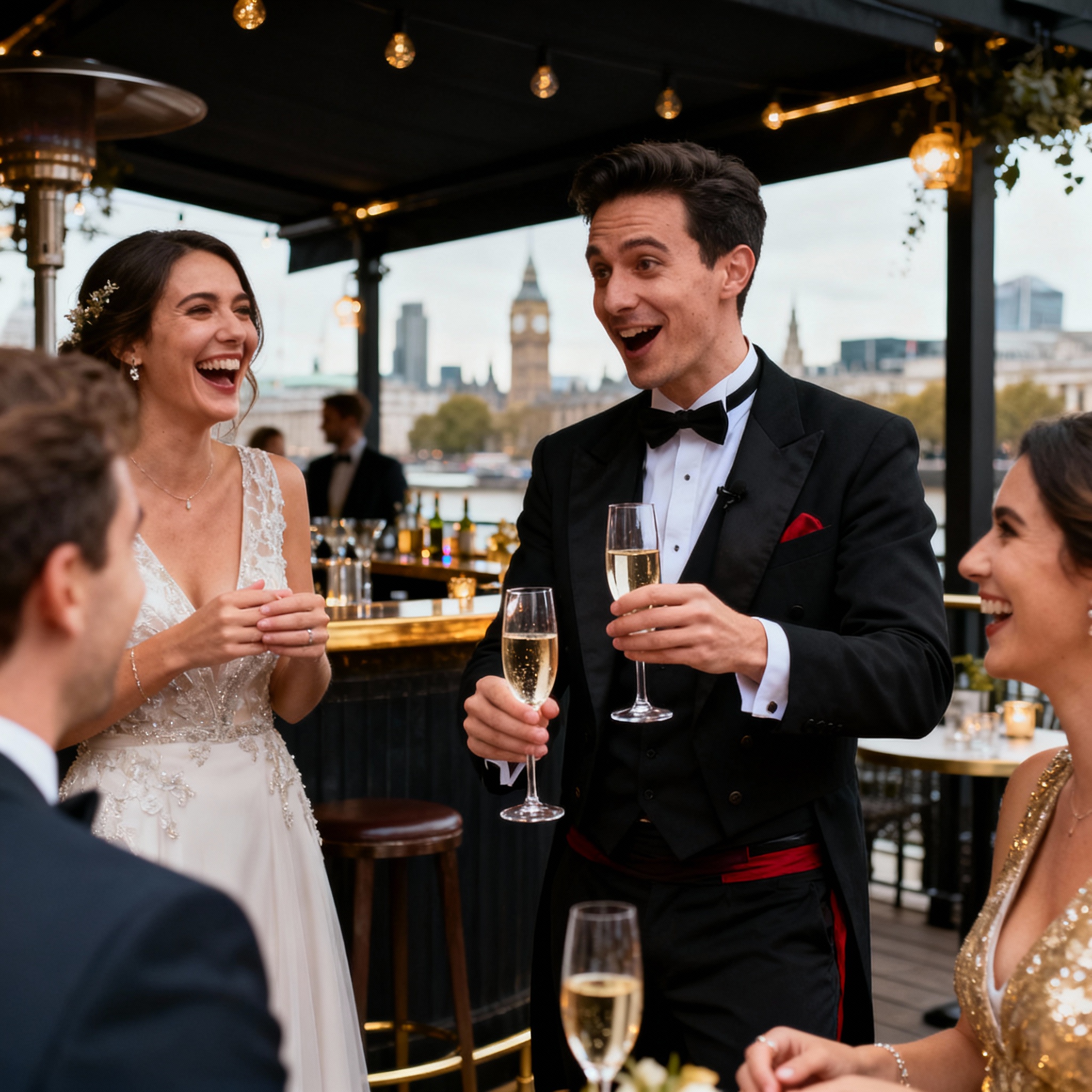 Wedding magician in London performing close-up magic during drinks reception at Chelsea wedding venue