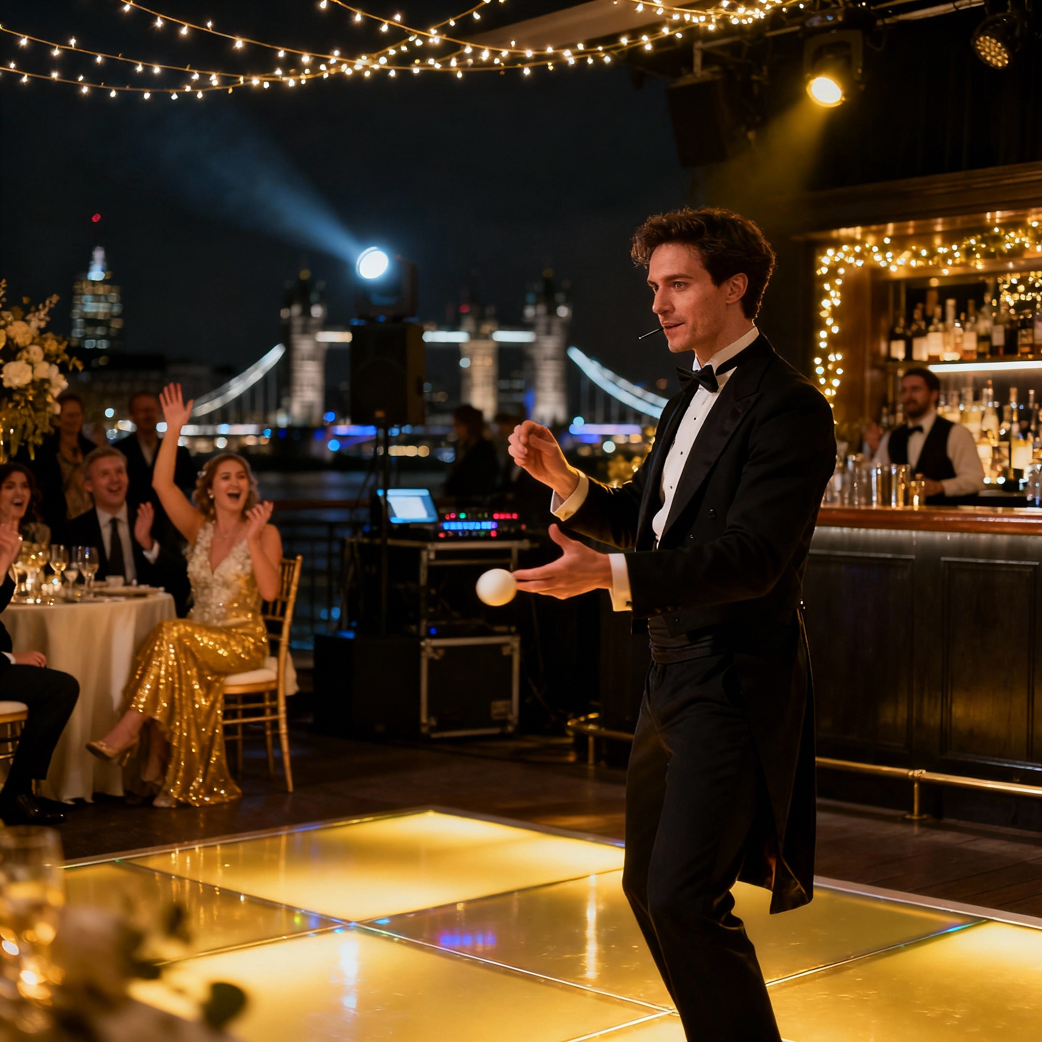 Wedding magician in London performing close-up magic at evening wedding reception in Kensington venue