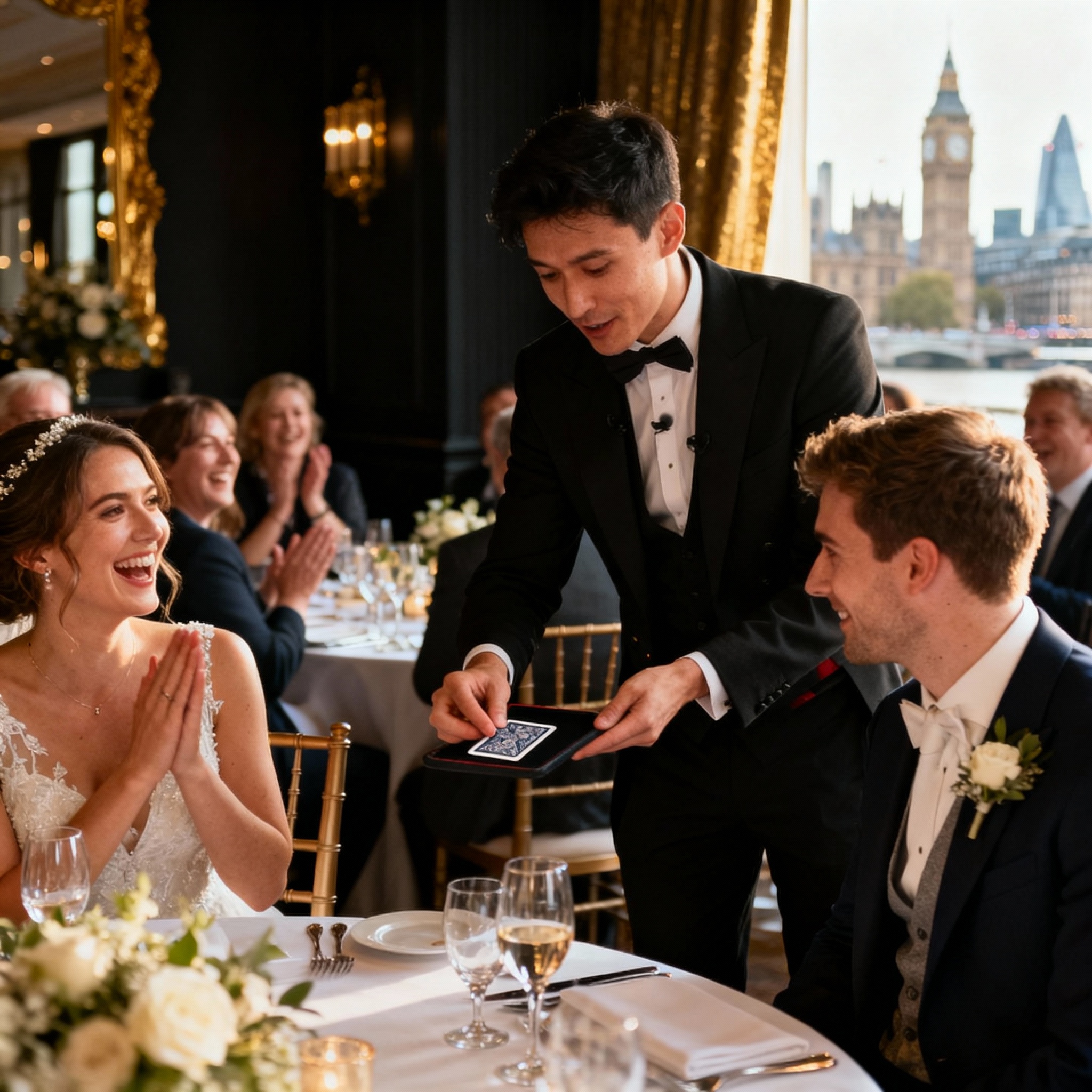 Wedding magician in London performing table magic during wedding breakfast at Richmond venue